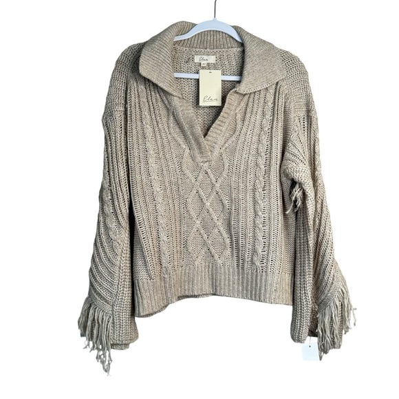 NWT ELAN MATERA SWEATER Oatmeal Tan Fringe Cable Knit M - Picture 1 of 8